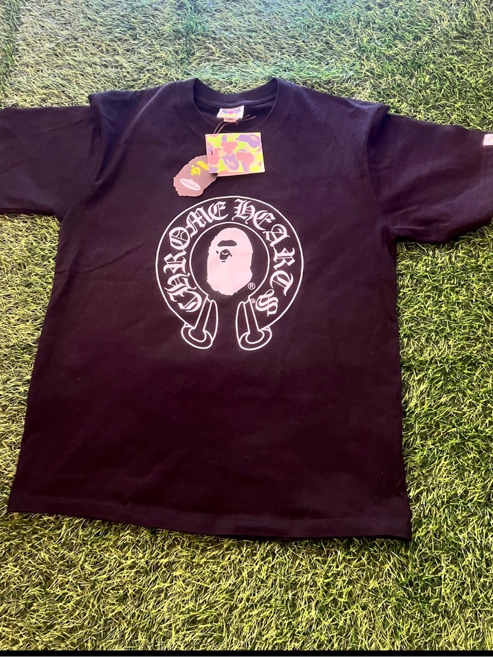 Chrome Hearts Black Tee with Multicolor Tag and Camo Hangtag